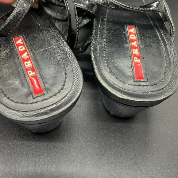 Prada Sport Black Patent Leather T-Strap Sandals size 8.5 - Picture 7 of 16